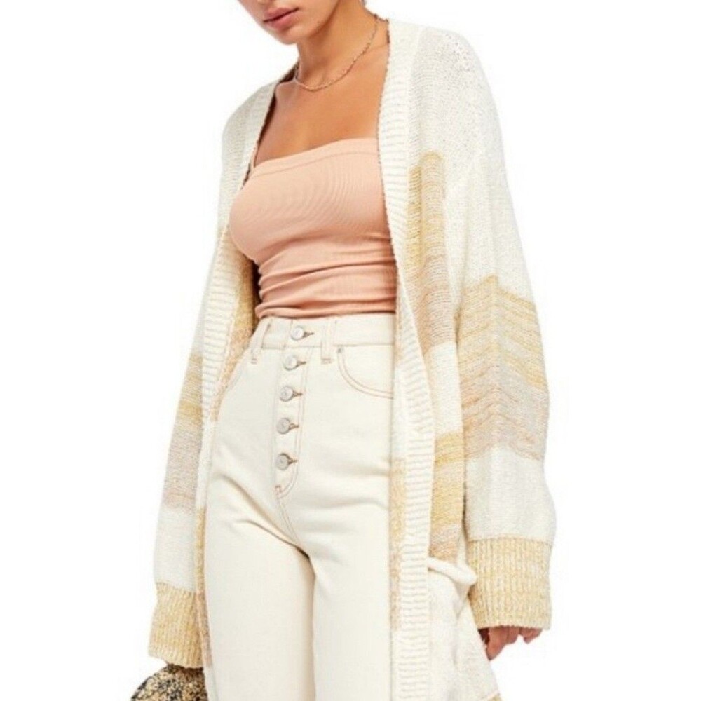 New Free People Southport Beach Striped Cardigan Grains Combo Size XS Beige $148